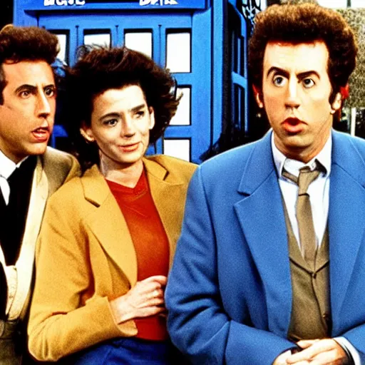 Image similar to jerry seinfeld, kramer, george and elaine piloting the tardis