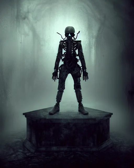 Prompt: full-body creepy realistic illustration central composition, a decapitated soldier with futuristic elements. he welcomes you into the fog with no head, dark dimension, empty helmet inside is occult mystical symbolism headless full-length view. standing on ancient altar eldritch energies disturbing frightening eerie, hyper realism, 8k, sharpened depth of field, 3D, award-winning digital artwork by Salvador Dali, Beksiński, Van Gogh and Monet.