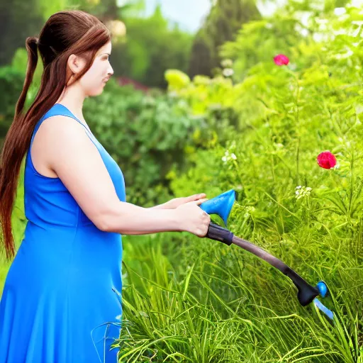 Image similar to slightly overweight woman with a ponytail wearing a blue dress with a flower pattern watering plants with a hose, photorealistic, 4k, high quality, beautiful