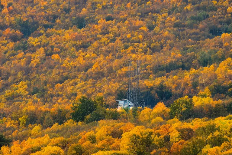 Image similar to a hill with a radio tower next to a pond, autumn hills in background. telephoto lens photography.