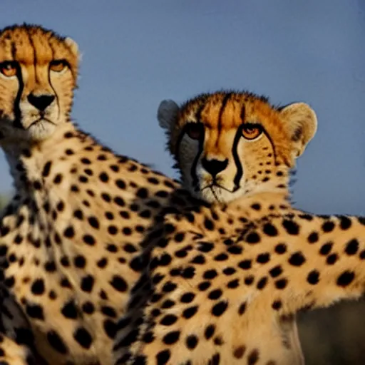 Image similar to a cheetah and a bird in a buddy cop movie, movie still,