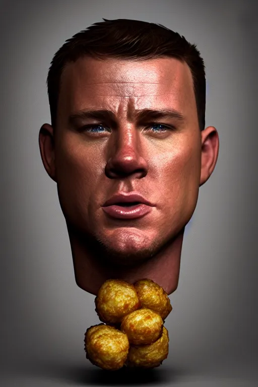 Image similar to a head shot of channing tatum as half human and a tater tot on a plate, tater tot face, ef 8 5 mm f 1. 8 usm, bionic scifi alexandre ferra, hyper detailed, digital art, trending in artstation, cinematic lighting, studio quality, smooth render, unreal engine 5 rendered, octane rendered