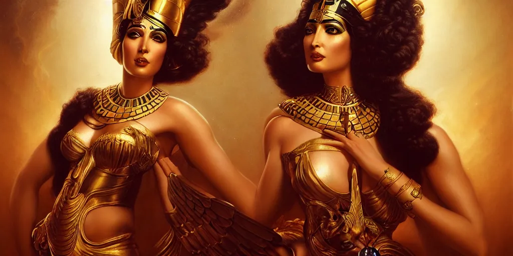 Prompt: Egyptian goddess Isis, by Rolf Armstrong and Evelyn De Morgan and Bastien Lecouffe-Deharme, dramatic lighting, high contrast colors, baroque, empyrean, panoramic view, as trending on Artstation, highly detailed, doom engine,