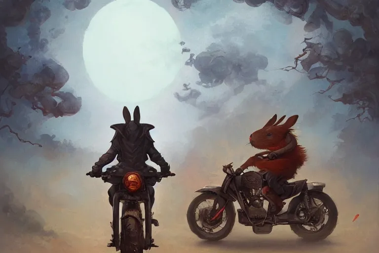 Prompt: bunny wearing a leather jacket riding a motorbike during sakura season on a blood moon, by peter mohrbacher, james jean, wlop, greg rutkowski, rule of thirds, beautiful landscape