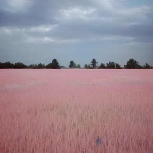 Prompt: a ultra high definition pastel coloured photograph from a holiday photo album. 5 0 mm lens, depicting a pale pink tent pitched and lit fire in a vast field in an alien world, pale pink grass, pale pink sky. no artefacts. highly detailed.