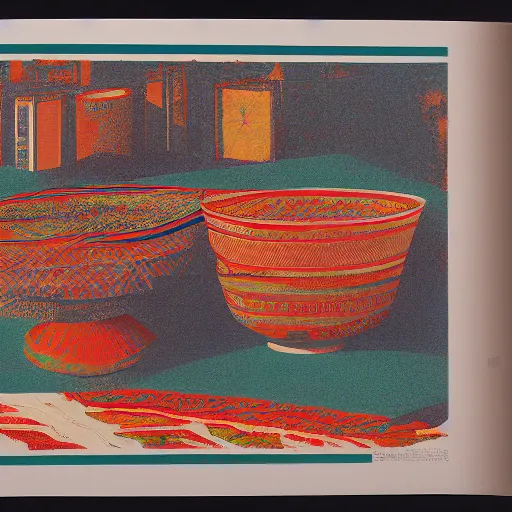 Prompt: A three color offset lithography of a ready-made artifact that looks like a found object from an exotic culture, ethnographic, installation view, wide angle, museum display, photography, exhibition catalogue, 60s style, full page