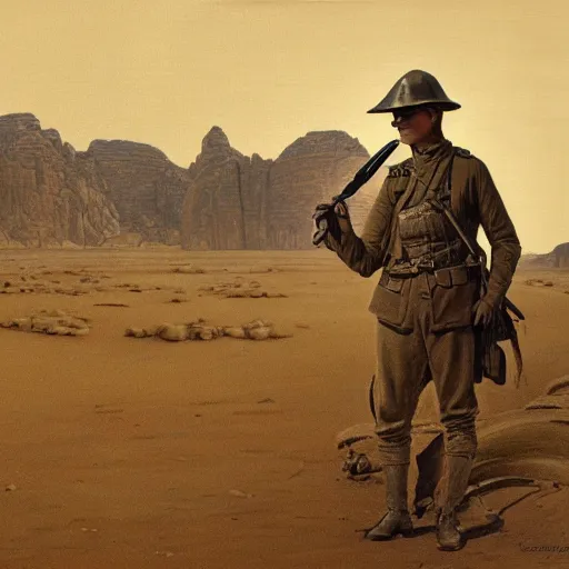 Image similar to a detailed photorealistic sepia - toned color portrait painting of a 1 9 1 7 worried clean - shaven british lieutenant in field gear wearing a pith helmet in wadi rum examining an ancient cylindrical clay jar, ultra realistic, intricate details, atmospheric, dark, horror, brooding, highly detailed, by clyde caldwell