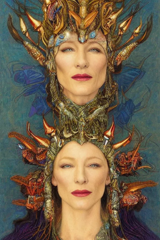 Image similar to cate blanchett , by jean delville and Gaston Bussière and Tino Rodriguez and Diego Rivera , elaborate headdress and embroidered velvet, iridescent beetles, rich color, dramatic cinematic lighting, extremely detailed