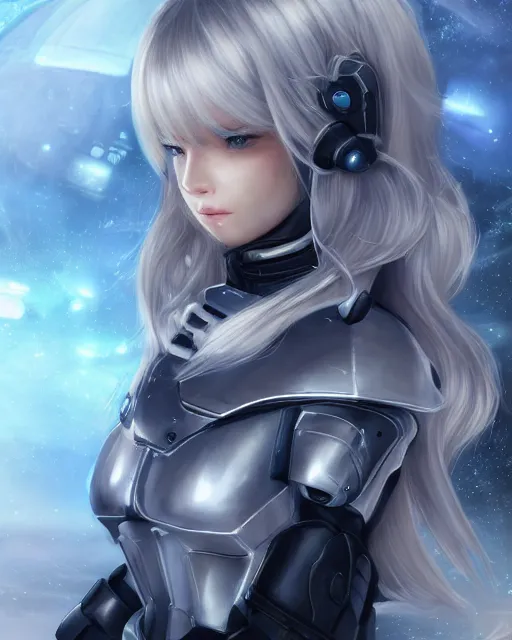 Image similar to detailed portrait of perfect android girl, warframe armor, beautiful face, scifi, futuristic, space station, laboratory, song hye - kyo, dreamy, long white hair, blue cyborg eyes, cinematic lighting, innocent, highly detailed, sharp focus, smooth, artstation, intricate, award winning, pure aura, divine, by akihiko yoshida