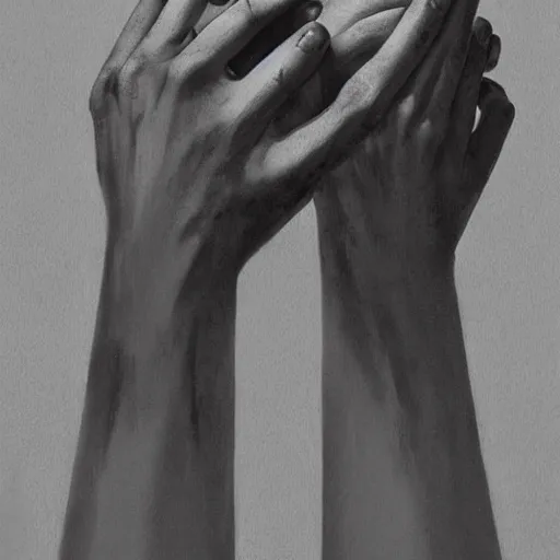 Image similar to Holding hands, vertical symmetry, close up shot, detailed hands, beautiful moody artwork by Greg Rutkowski and Asher Duran