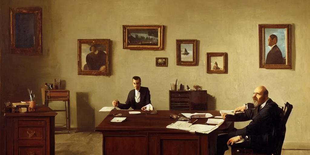 Image similar to beautiful oil matte portrait painting, man in a suit whsipering to a mafia boss sitting at his desk in his 5 0 s style office, wonderful masterpiece highly detailed, beautiful cinematic light deep focus, elegant, digital painting, smooth, sharp focus, golden ratio, dramatic illumination, ultra realistic, 8 k, art by artemisia lomi gentileschi and caravaggio