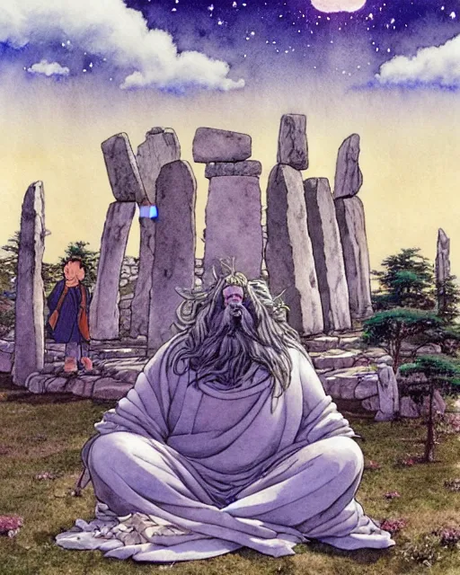 Image similar to a hyperrealist studio ghibli watercolor fantasy concept art of a giant long haired grey witch in lotus position sitting on top of stonehenge with a starry sky in the background. a group of tiny monks are prostrating them themselves. by rebecca guay, michael kaluta, charles vess