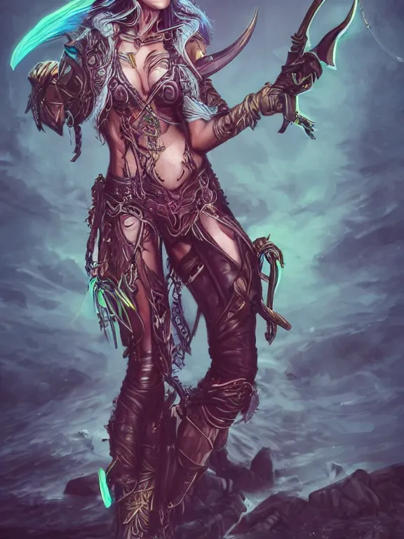 Prompt: full body front view portrait of a female elven pirate, character design, correct anatomy, concept art, digital illustration, ray tracing, ultra detailed, fantasy, neon lighting, intricate and highly detailed, coloured with lots of colour, pose, fantasy, sharp focus,