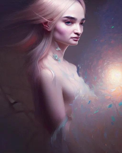 Prompt: instrument of life, fractal silk, fractal crystal, beauty portrait of kim petras, by ruan jia, wlop, james jean, victo ngai, delicate, beautifully lit, athena, muted colors, highly detailed, artstation, long hair, fantasy art by craig mullins, thomas kinkade