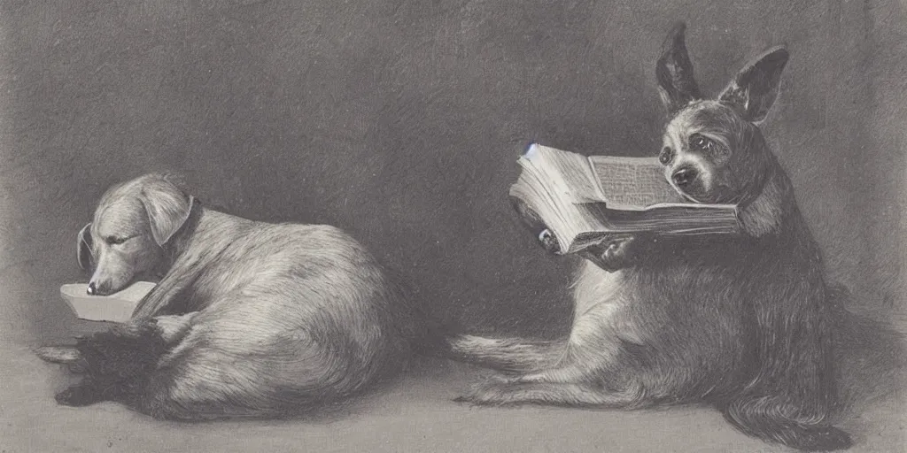 Prompt: a dog reading a book, by berthe moriso