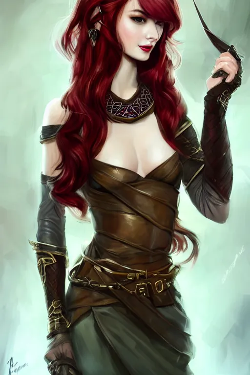 Prompt: a full body portrait of a gorgeous female ranger, looking at camera, D&D, choker on neck, stylish dress, very long flowing red hair, intricate, elegant, stylish, cute slightly nerdy smile, mouth slightly open, fantasy, extremely detailed, digital painting, artstation, concept art, smooth, sharp focus, illustration, stunning lighting, art by artgerm and greg rutkowski and alphonse mucha and simon stalenhag