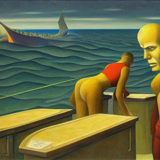 Image similar to twenty thousand leagues under the seas, grant wood, pj crook, edward hopper, oil on canvas