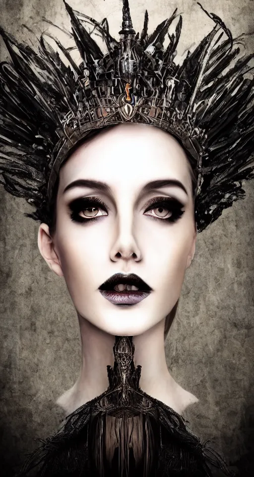 Prompt: a single faced portrait of the enchantress queen with a stunning timeless beauty, breathtaking eyes, perfect skin, feathered eyelashes, royal gothic dress with a lot of leather, heavy silent hill aesthetic, incredibly intricate, digital art, blender, houdini & photoshop, very elegant & complex, hyper-maximalist, overdetailed, epic cinematic quality, biblical art lighting, photorealistic, lifelike, OLED, DSLR HDR 8k, face is the focus, facial feature symmetry, hyper composed, created by Nixeu & z--ed from deviantart