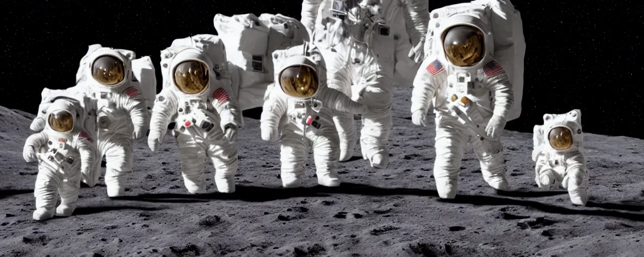 Prompt: group of fluffy baby cats in a space suit walking on the moon, cute photo, 8k UHD, national geographic