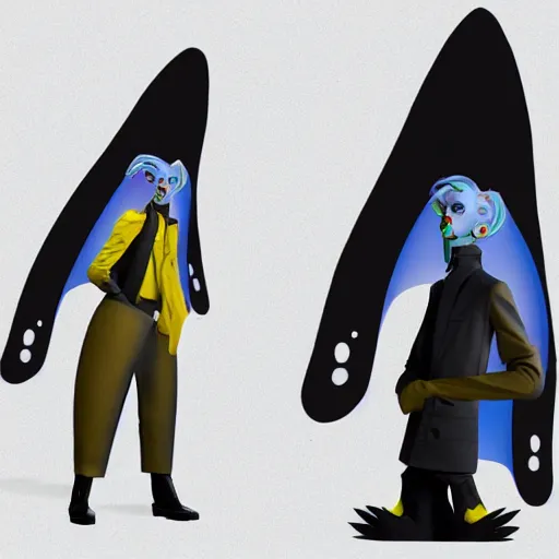Image similar to character designs for a fashionable nonbinary androgynous gothic manta ray humanoid person with manta ray fin arms who sells empty spray paint cans as a scam and is always covered in paint and acting shady, designed by splatoon nintendo, inspired by tim shafer psychonauts 2 by double fine, cgi, professional design, gaming