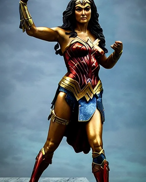 Image similar to a beautiful bronze statue of wonder woman, ancient greece, photorealistic, atmospheric