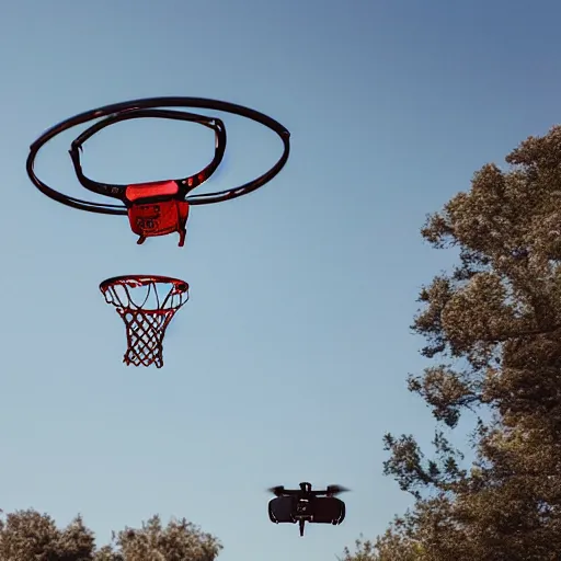 Image similar to flying drone with basketball hoop and backboard on drone body