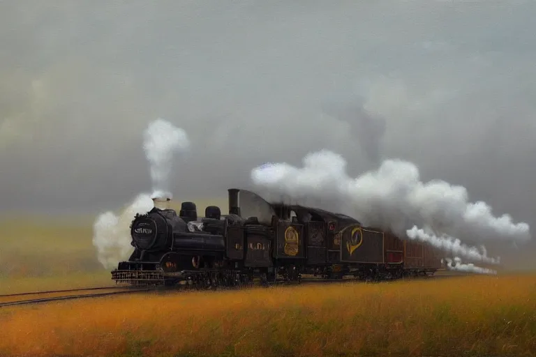 Prompt: a painting of a steam engine blowing smoke, an oil painting by lionel walden, deviantart, tonalism, oil on canvas, mist, apocalypse landscape