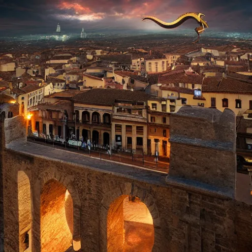 Image similar to the monumental city of caceres with a dragon flying over it, dramatic lighting, cinematic, extremly high detail, photorealistic, cinematic lighting, post processed, concept art, artstation, matte painting, style by greg rutkowsky - 1 0 2 4