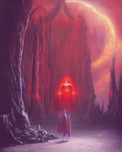 Image similar to a fantasy painting with a wizard in red robes in the foreground of a surreal environment by greg rutkowski and michael whelan