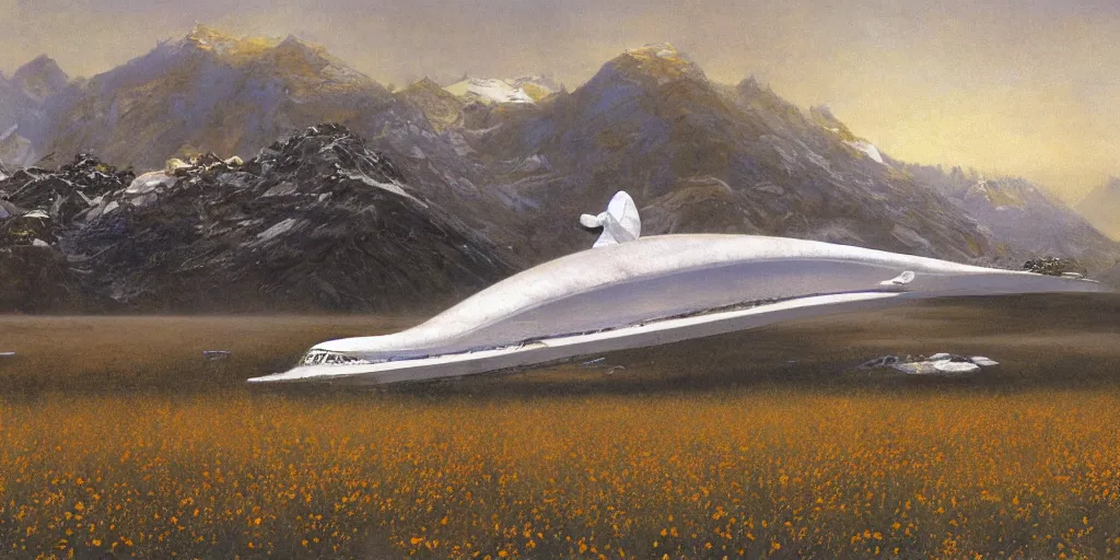 Image similar to Fernand Khnopff white giant spaceship landed laying in center on tansy wormwood field, snowy mountain afar by Fernand Khnopff by john berkey, oil painting, concept art