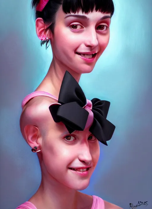 Image similar to portrait of high school girl, realistic, black hair, bangs, half updo hairstyle, pointy nose, skinny, smile, ugly, defined jawline, big chin, pink hair bow, earrings, intricate, elegant, glowing lights, highly detailed, digital painting, artstation, sharp focus, illustration, art by wlop, mars ravelo and greg rutkowski