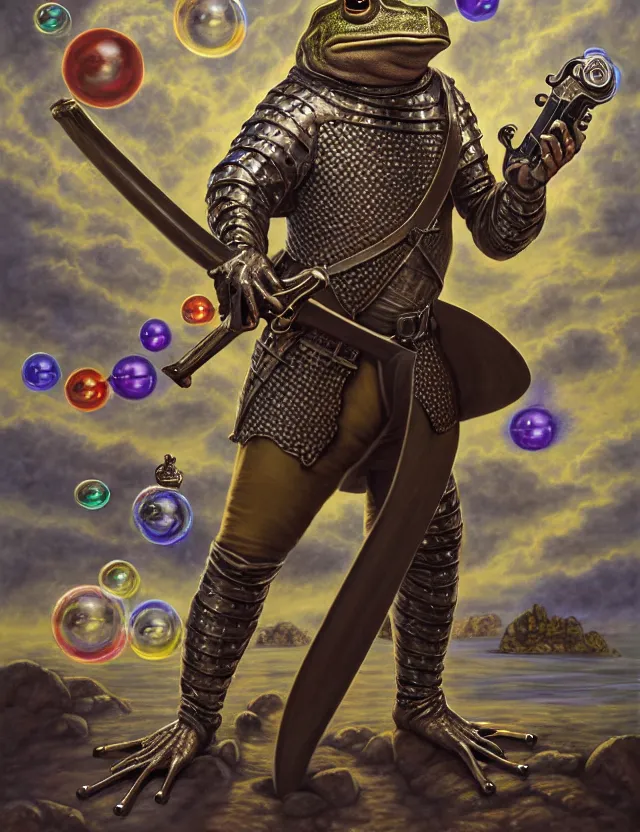 Prompt: anthropomorphic bipedal frog that is dressed as a medieval fighter, and dual wielding revolver pistols, as a baroque oil painting and d & d character art, by alex grey, standing, fullbody, floating bubbles, enlightenment, mystic, concept art, award - winning, extremely detailed, sharp focus