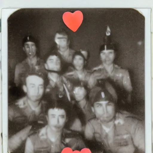 Image similar to soldiers use hearts as weapon. polaroid. old photos. vintage