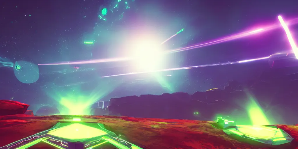 Prompt: screenshot of battlezone, videogame, vector, large mountains visible, axure sky, neon glow, lens flare