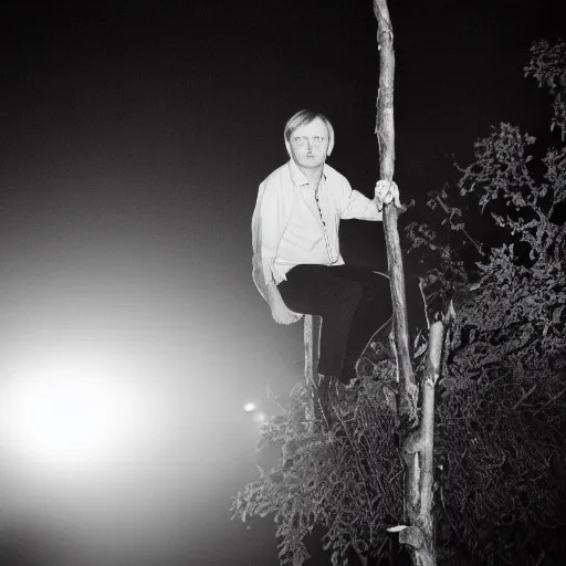 Prompt: mark e smith perched up on a tree branch at night, flash photography - n 9