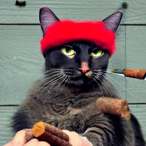 Prompt: cat with red eyes and a hat while holding a gun and smoking a cigar