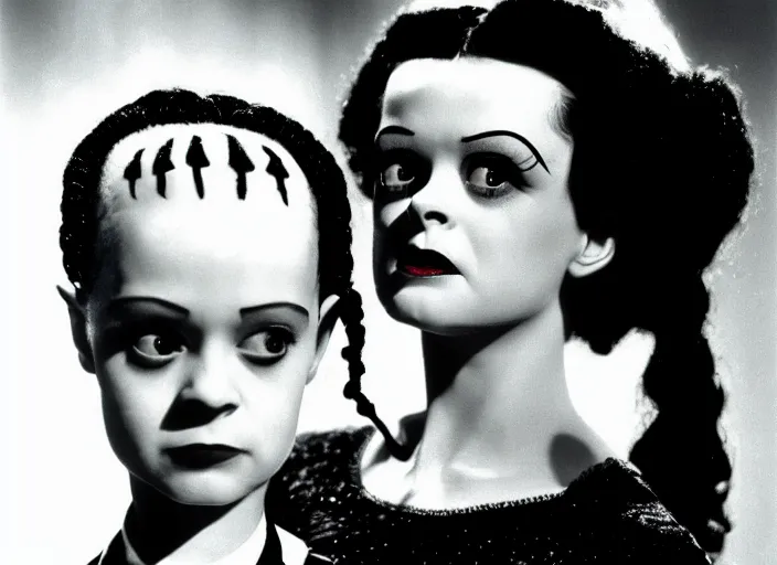 Prompt: editorial portrait, bride of frankenstein ( 1 9 3 5 ) as child wednesday addams, still from the addams family ( 1 9 9 1 )