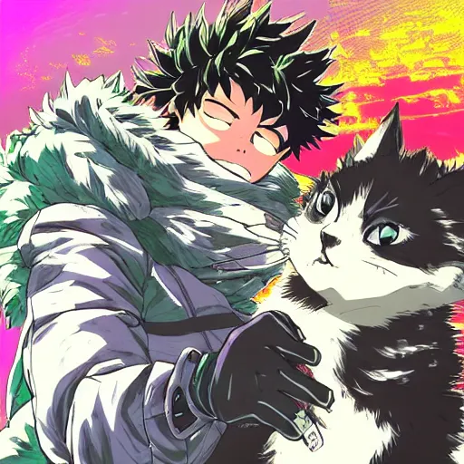 Image similar to Izuku Midoriya petting his cat, Yoji Shinkawa, Vaporwave