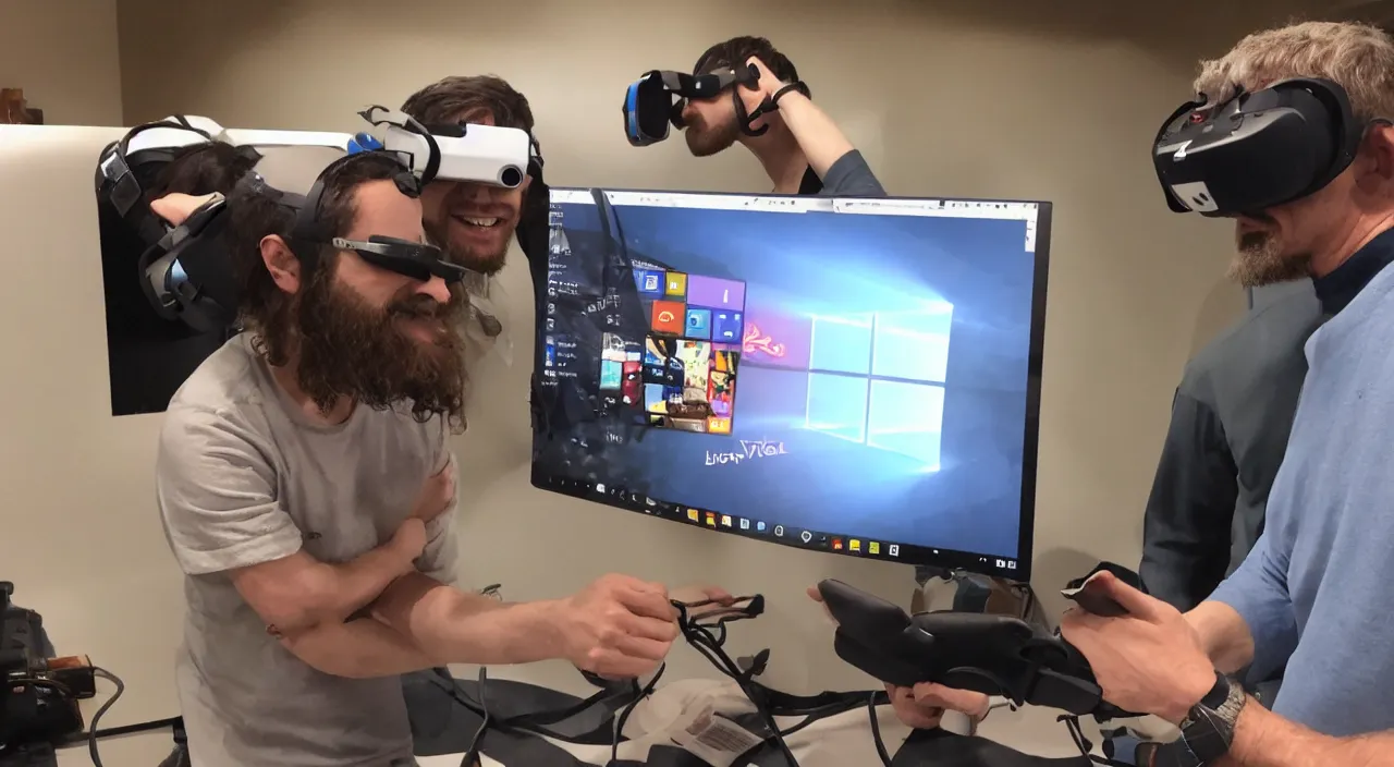 Image similar to Jesus Christ teaching his disciples how to install Windows 11 using VR. Photo realistic.