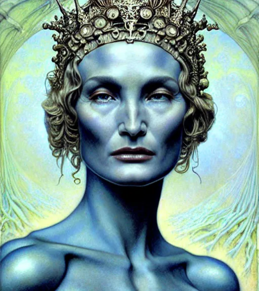 Prompt: detailed realistic beautiful young alien robot jessica lange as queen of mars face portrait by jean delville, gustave dore and marco mazzoni, art nouveau, symbolist, visionary, gothic, pre - raphaelite. horizontal symmetry by zdzisław beksinski, iris van herpen, raymond swanland and alphonse mucha. highly detailed, hyper - real, beautiful