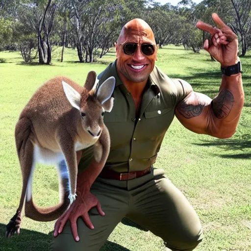 Image similar to dwayne johnson if he was a kangaroo, wearing a safari outfit