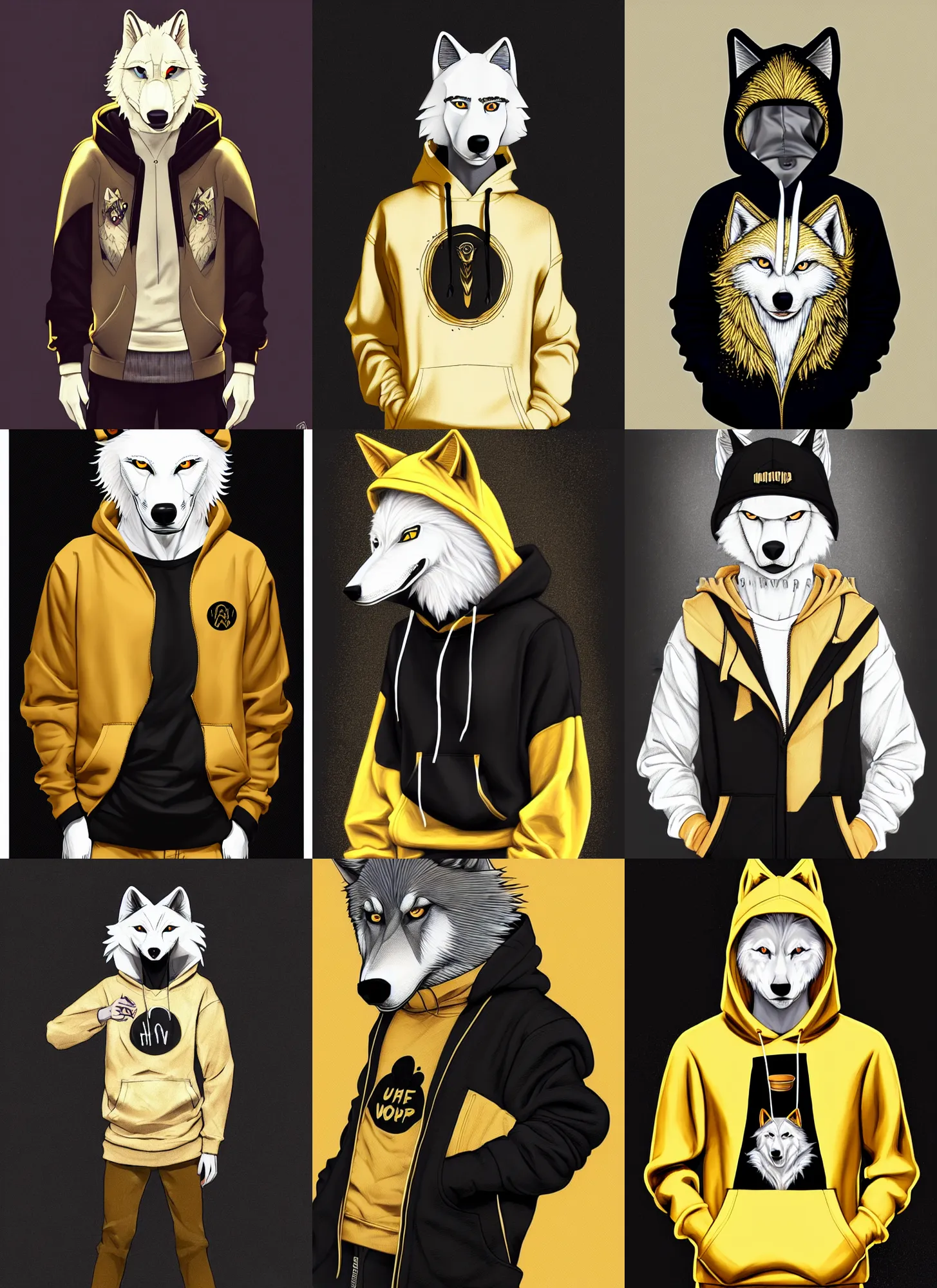Prompt: anthropomorphic albino wolf fursona wearing a casual black and gold hoodie at a hipster coffee shop, highly detailed, artgerm style, artstation, soft light, sharp focus, illustration, character design, concept art