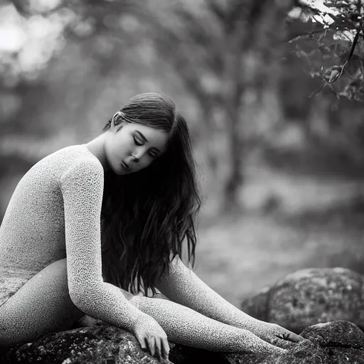 Image similar to , a girl covered in vines sitting on a rock 5 0 mm lens, f 1. 4, sharp focus, ethereal, emotionally evoking, head in focus, volumetric lighting, blur dreamy outdoor,