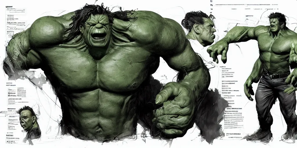 Image similar to mickey rourke as the hulk, character sheet, concept design, contrast, kim jung gi, greg rutkowski, zabrocki, karlkka, jayison devadas, trending on artstation, 8 k, ultra wide angle, pincushion lens effect