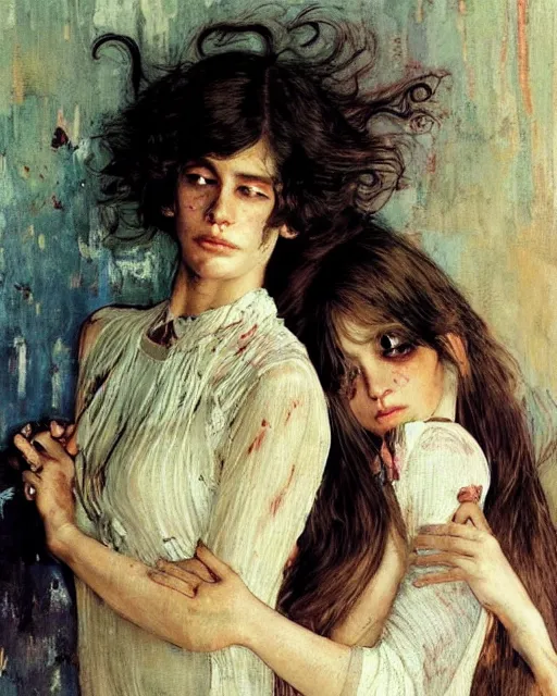 Image similar to two gorgeous but creepy siblings in layers of fear, with haunted eyes and wild hair, 1 9 7 0 s, seventies, wallpaper, a little blood, moonlight showing injuries, delicate embellishments, painterly, offset printing technique, by coby whitmore, jules bastien - lepage