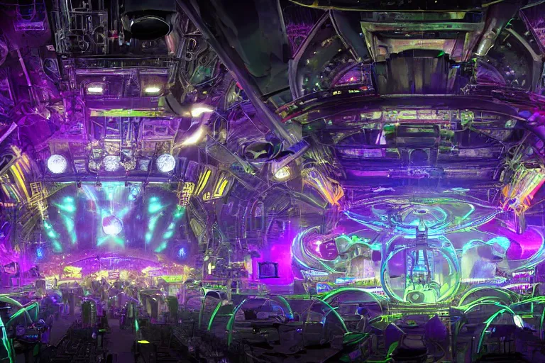 Image similar to a concert stage, tripmachine, center of the stage is a big futuristic steampunk generator surrounded by steampunk machinery with speaker towers, rock musicians on the stage, laser show, 8 k, fluorescent colors, halluzinogenic, multicolored, exaggerated detailed, unreal engine