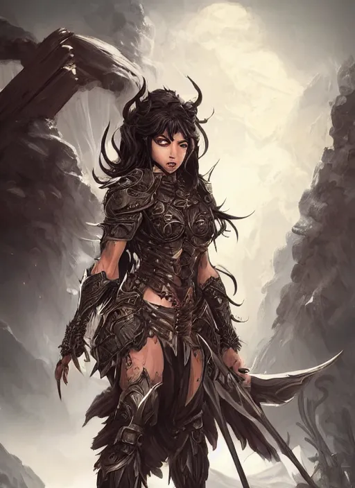 Image similar to beautiful warrior lady, black long hair, practical armor, brown skin, demonic eyes, low fantasy, extremely detailed, sharp focus, smooth, digital illustration, by rossdraws, frank franzzeta, sakimichan