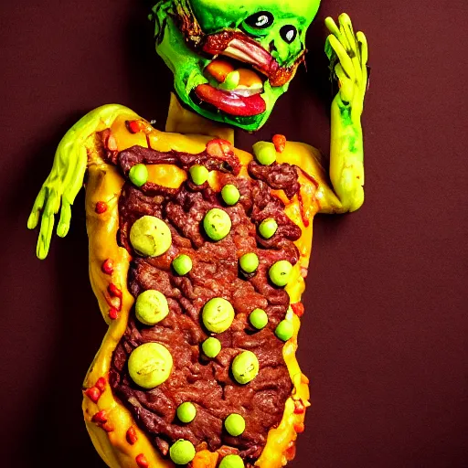 Image similar to a humanoid bipedal upright zombie that strongly resembles a hamburger, professional food photography