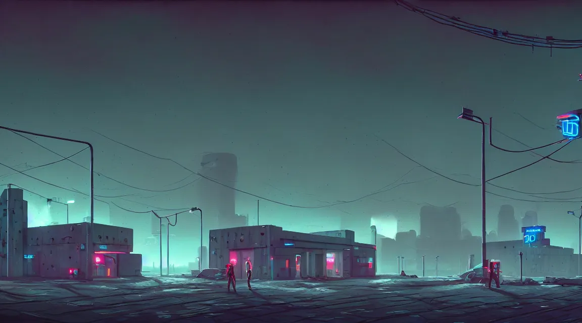 Prompt: post - apocalyptic police station, concrete building, paved roads, by simon stalenhag, highly detailed photography, trending on artstation, hyperrealistic, human silhouettes, cyberpunk, environment artist, dystopian, science fiction, synthwave neon retro