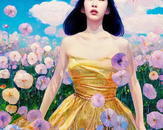 Prompt: lee jin - eun in elegant chic holographic dress emerging from gold gold by martine johanna, michael garmash and katsuhiro otomo, rule of thirds, seductive look, beautiful, cotton candy clouds, puyallup berteronian, himalayan poppy flowers, sea holly flowers, gorgeous, face anatomy, refined, masterpiece